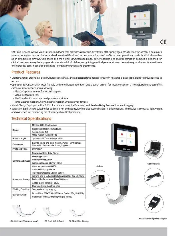 Video Laringoscopio Digital CMS-GS1 con Pantalla Táctil 3.5" y Cámara HD 10 Características y especificaciones del dispositivo.